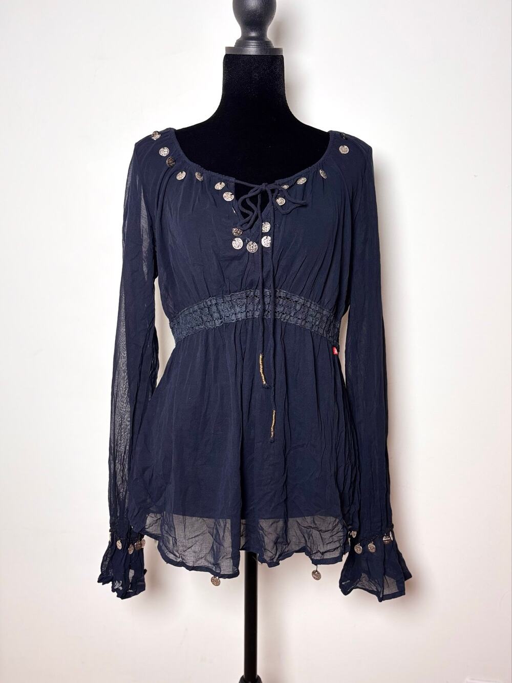 Y2K Miss Sixty Black Gauze Pirate Blouse Puff Sleeve Medallion Coin Beaded Trim